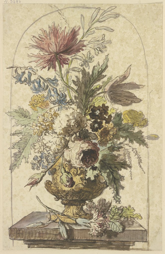 Blumenbouquet in einer Vase, vorne liegt eine Nelke, Jan van Huysum