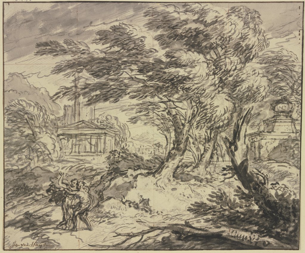 Landscape with ancient temple in a storm, Jan van Huysum