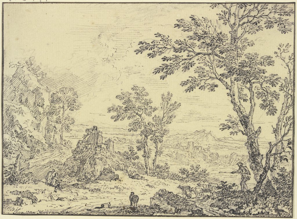 Landschaft mit Ruinen, vorne rechts ein Schafhirte, Jan van Huysum