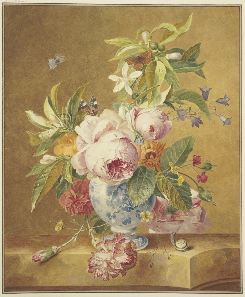 Ein Blumenbouquet in blauer Vase mit drei Schmetterlingen, vorne rechts eine Schnecke, Jan Matthias Kok, after Jan van Huysum