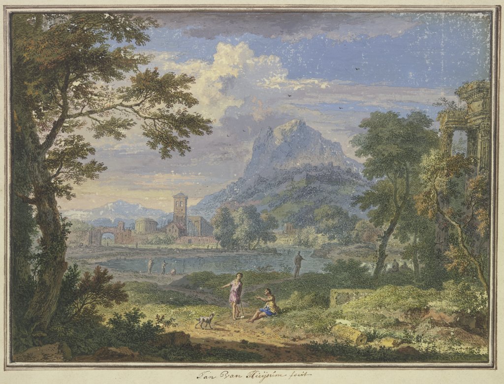 Landschaft mit einer italienischen Stadt bei einem hohen Berg, rechts die Ruine eines Tempels, im Vordergrund zwei Figuren und ein Hund, Jan van Huysum