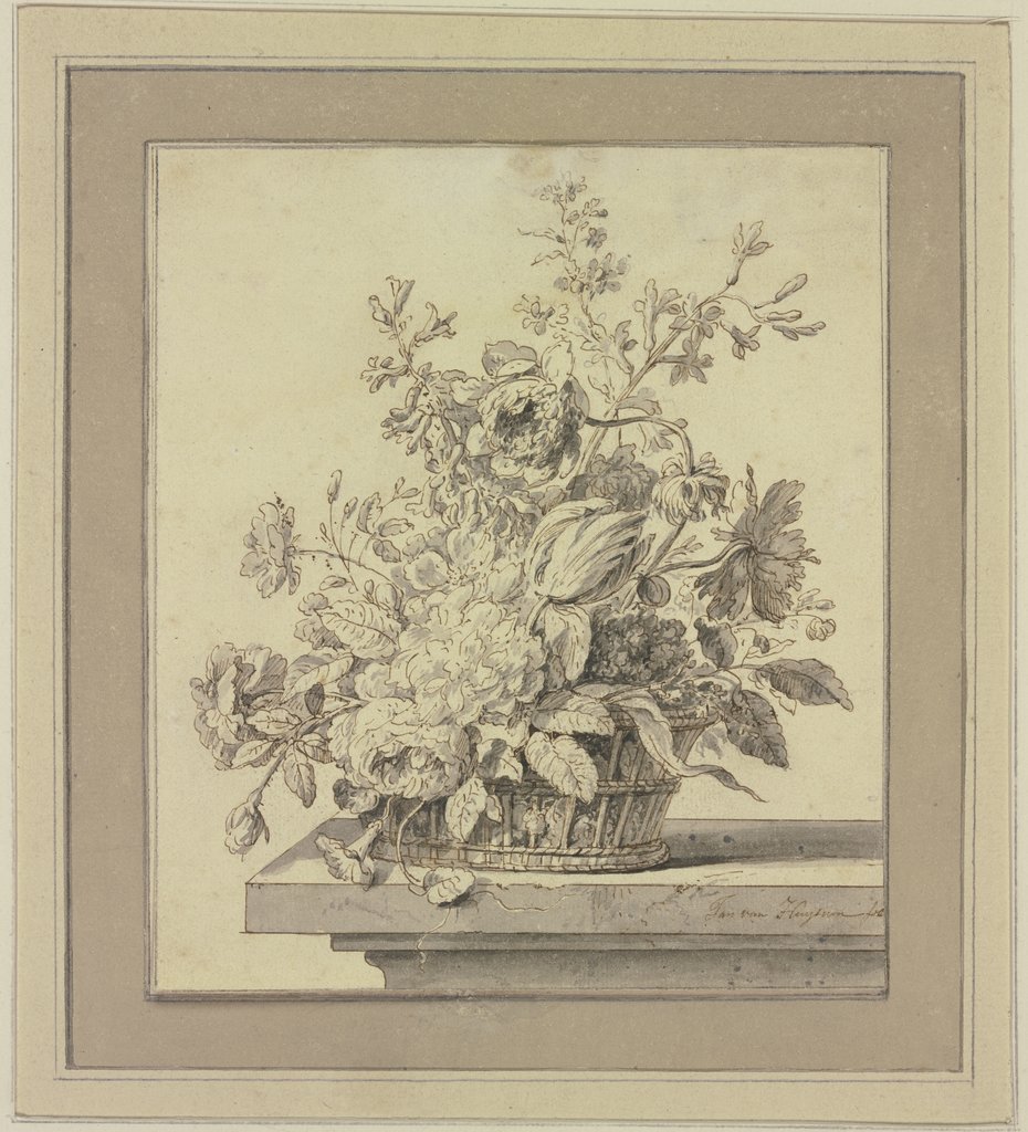 Basket of flowers on a table, Jan van Huysum