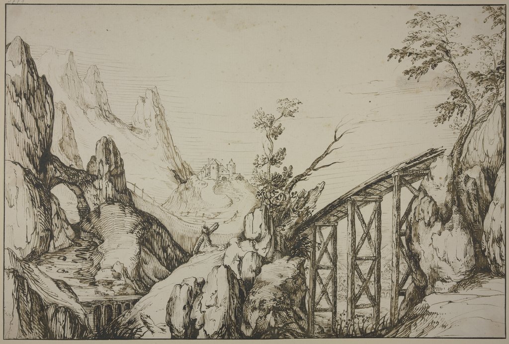 Felsige Landschaft, rechts eine steile Holzbrücke, Niederländisch, 16. Jahrhundert