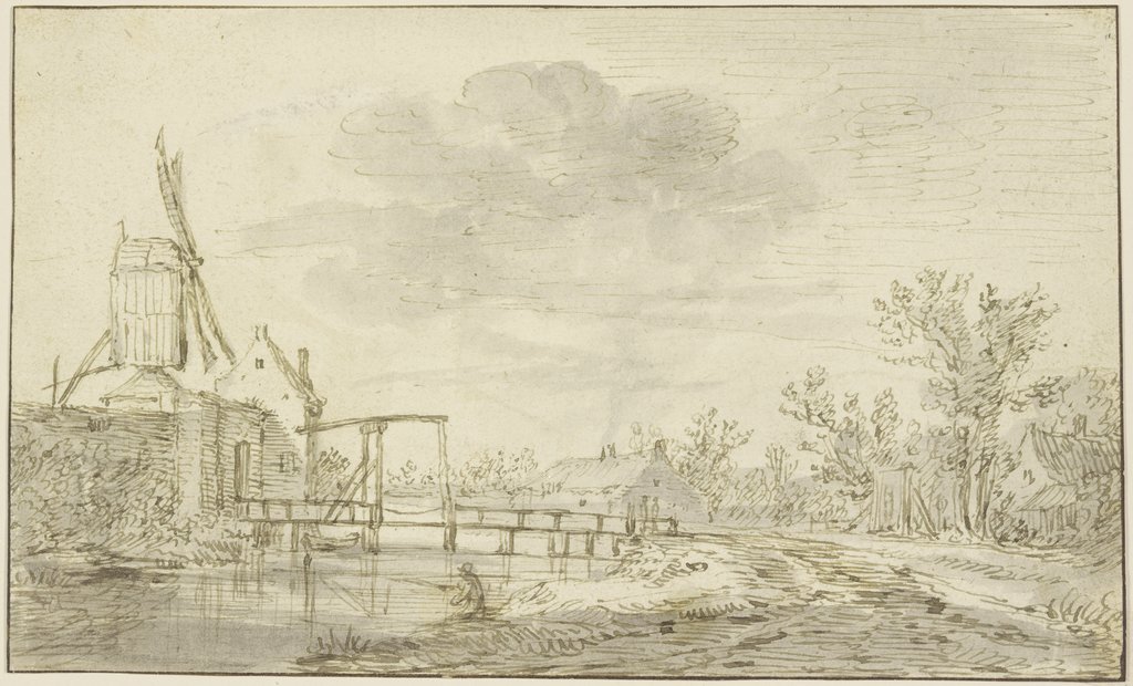 Windmühle auf einer Mauer links, zu der eine Zugbrücke über einen Bach führt, Jan van Goyen