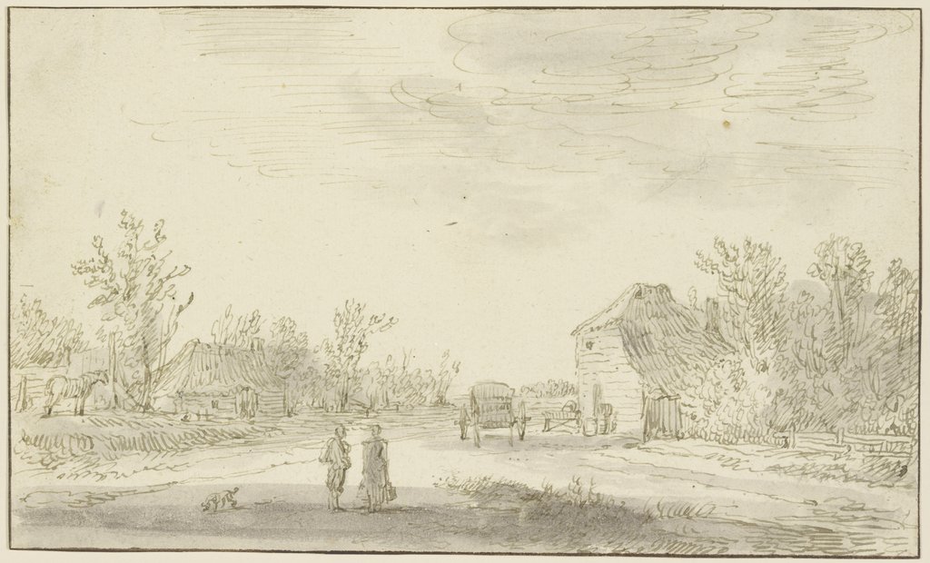 Zwei Figuren und ein Hund vorn auf einem Weg, rechts zurück hält ein Karren vor einem Gehöft, dahinter Bäume, Jan van Goyen