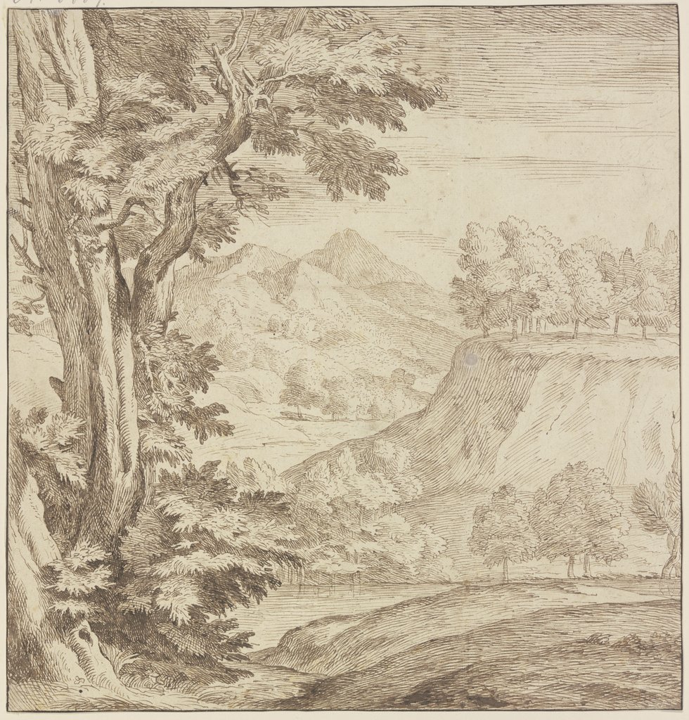 Gebirgslandschaft, links ein großer Baum, Niederländisch, 17. Jahrhundert