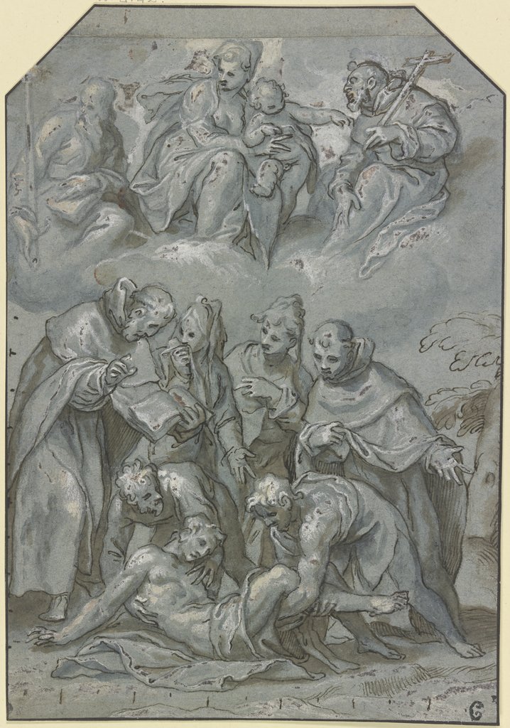 Bergung eines Jünglings in Anwesenheit von zwei Mönchen und zwei Frauen, darüber in Wolken die Madonna mit Kind und zwei Heilige, Paolo Farinati;   ?