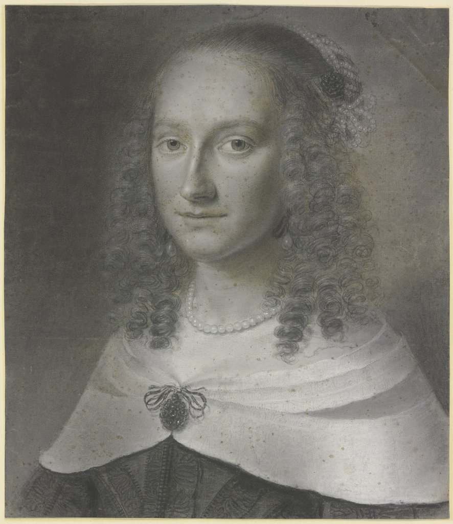 Brustbild einer Dame mit langen Locken und weißem Umschlagetuch, gehalten von einer Agraffe, Wallerant Vaillant