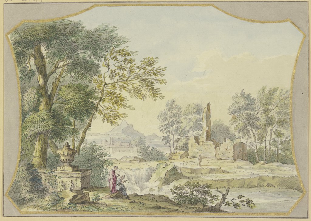 Landschaft mit einer Ruine, links bei einer Vase unter Bäumen zwei Figuren, Jacob van de Velde