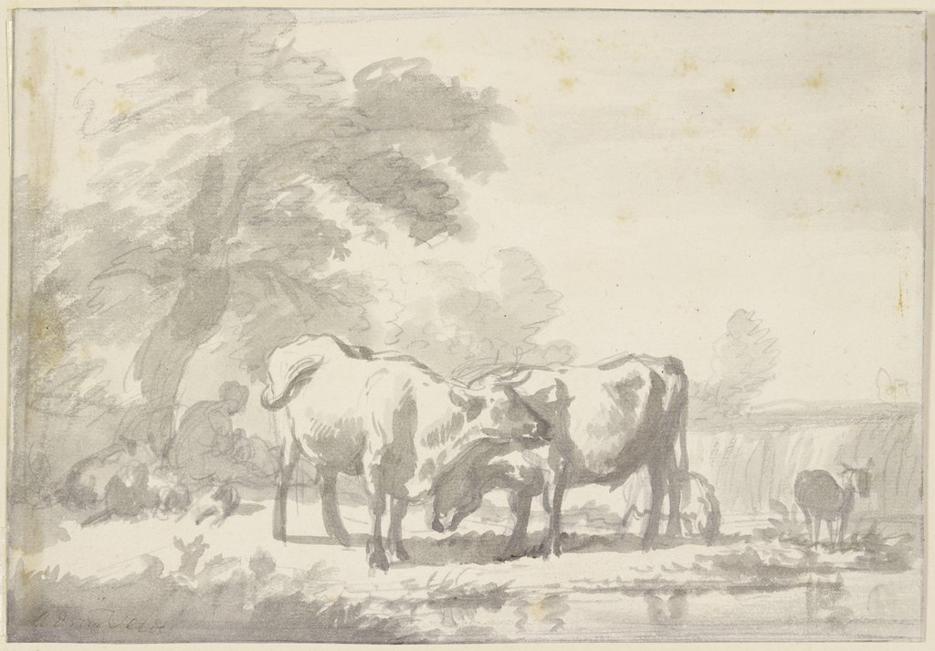 Zwei Kühe und einige Schafe, die Hirtin sitzt mit einem Kind unter einem Baum, Adriaen van de Velde
