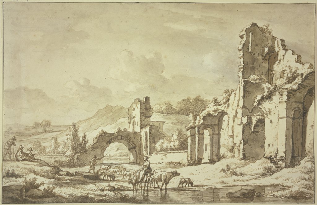 Landschaft mit römischen Ruinen, vorne reitet eine Hirtin mit der Herde durchs Wasser, links zwei Maler, Adriaen van de Velde