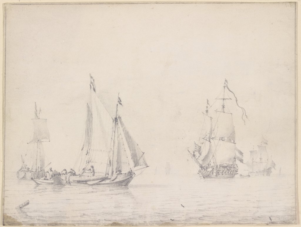 Links drei Barken, rechts zwei größere Schiffe unter vollen Segeln, Willem van de Velde the Younger