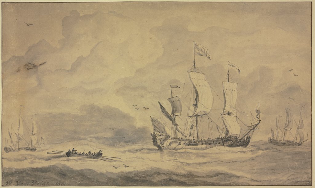 Ein Dreimaster nach rechts segelnd, dahinter ein Ruderboot, Willem van de Velde d. J.