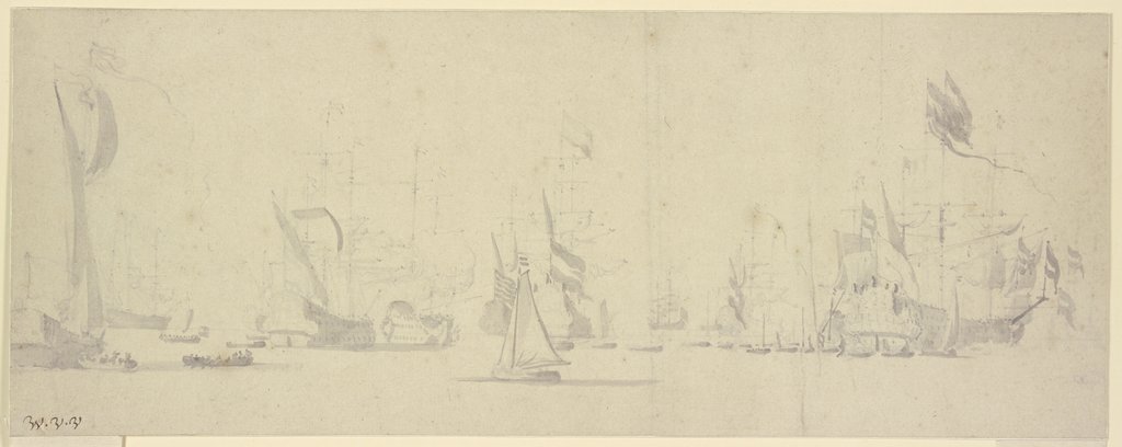 Eine Flotte, rechts das reich beflackte Admiralsschiff, umgeben von vielen Booten, Willem van de Velde the Younger