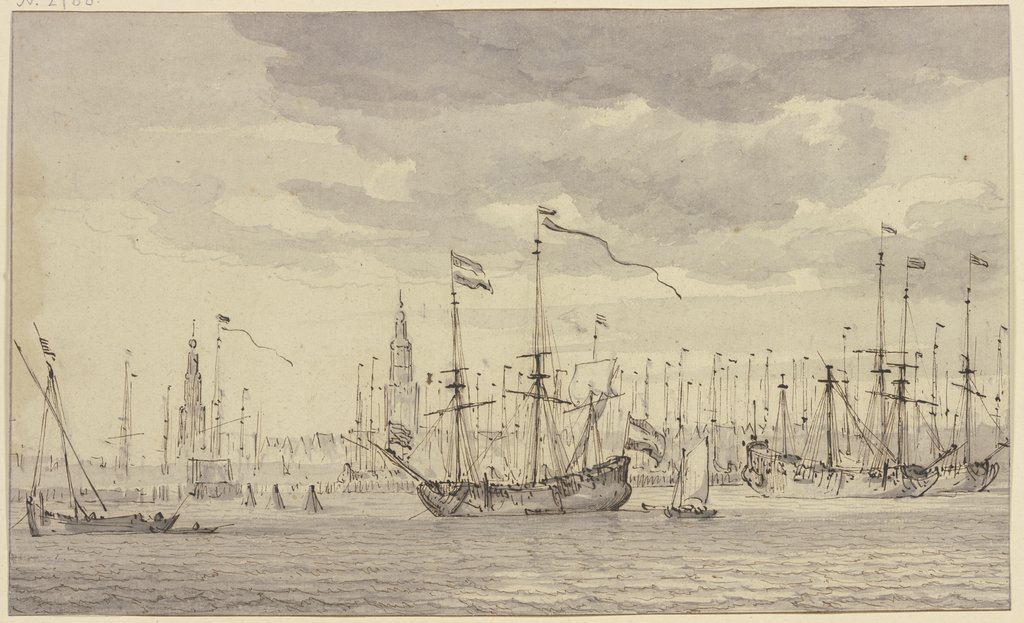 Ansicht eines Hafens mit vielen Schiffen und einer Stadt mit zwei Kirchtürmen (Amsterdam), Willem van de Velde d. J.