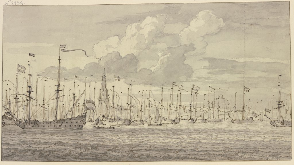 Eine in der Reihe liegende Flotte vor Amsterdam, Willem van de Velde the Younger