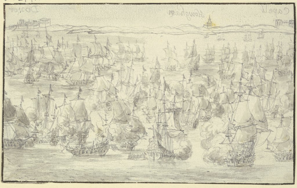 Seeschlacht, in der Ferne die englische Küste bei Dover, rechts zwei weitere Städte, Willem van de Velde the Younger;   ?
