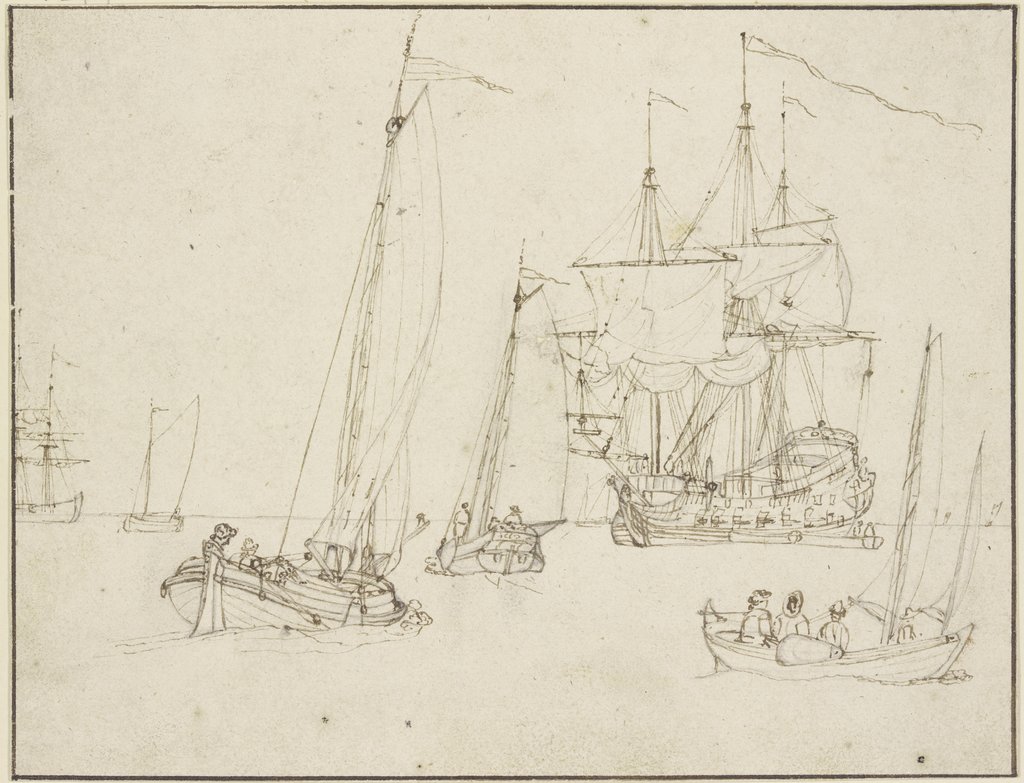Ein Kriegsschiff, umgeben von drei Segelbooten, in der Ferne noch mehrere andere Schiffe, Willem van de Velde the Younger