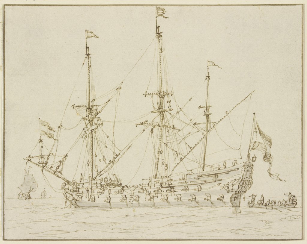 Ein Kriegsschiff mit herabgelassenen Segeln, Willem van de Velde d. J.