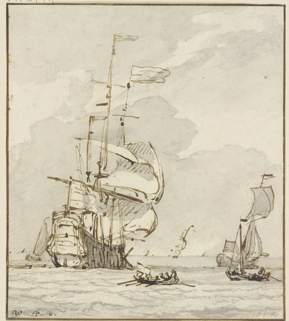 Großes Schiff von links nach hinten segelnd, vorne ein Ruderboot und mehrere andere Schiffe, Willem van de Velde d. J.