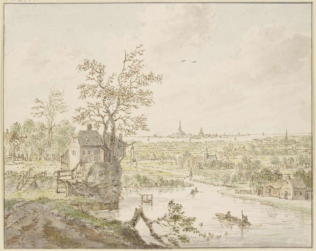 Flußgegend, in der Ferne das Meer mit einer Stadt, Cornelis Verdonck