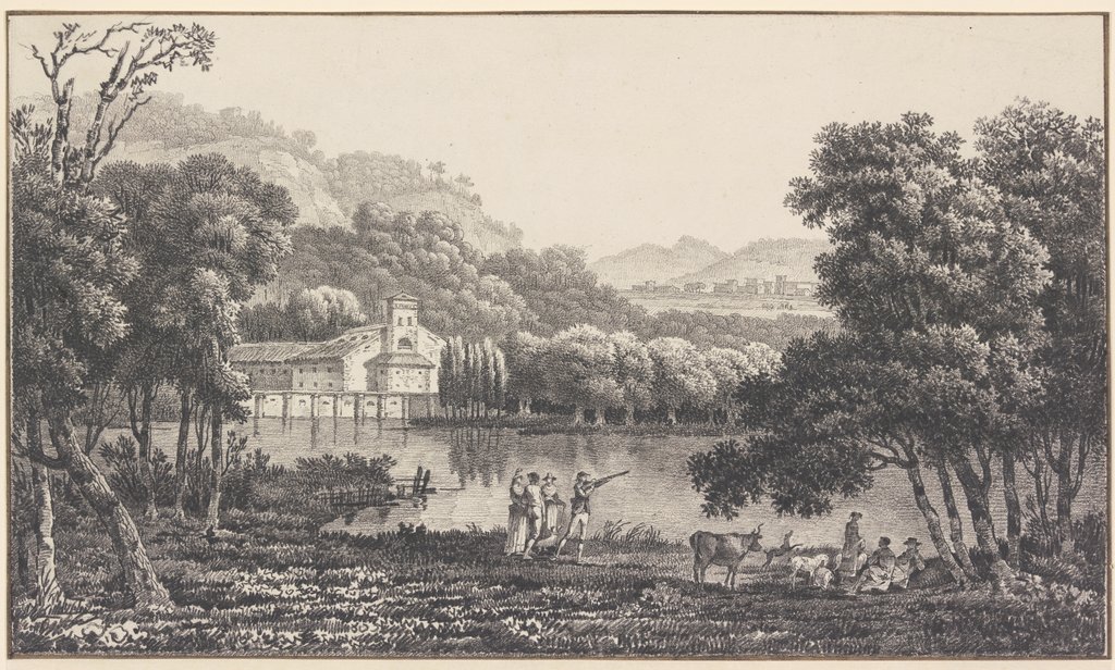 Eine Kirche an einem See, vorn Figuren und Vieh, dabei ein Jäger, Nicolas Joseph Vergnaux