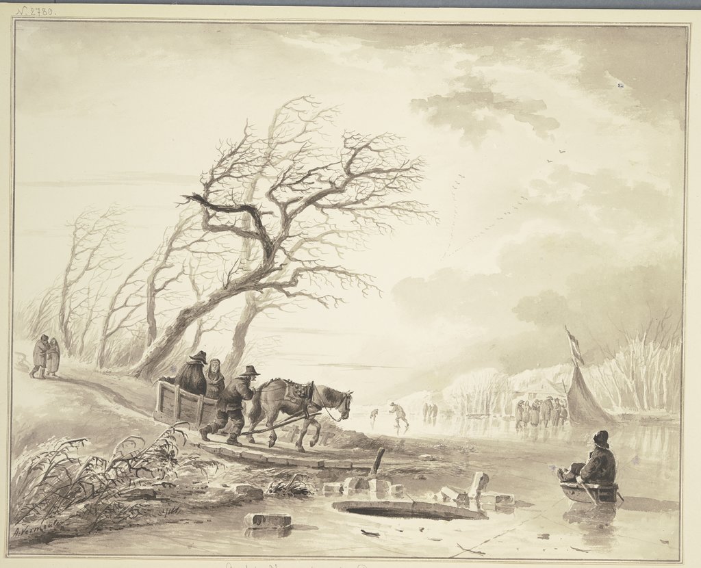 Winterlandschaft, rechts auf dem Eis ein Zelt, links bei einer Baumgruppe ein Schlitten mit einem Pferde, Andries Vermeulen