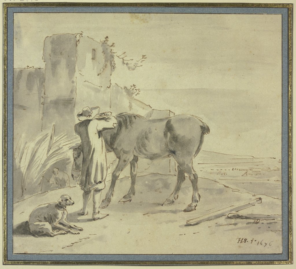 Bei einem alten Turm steht ein Bauer an seinem Pferde beschäftigt, dabei ein Hund, Hendrik Verschuring