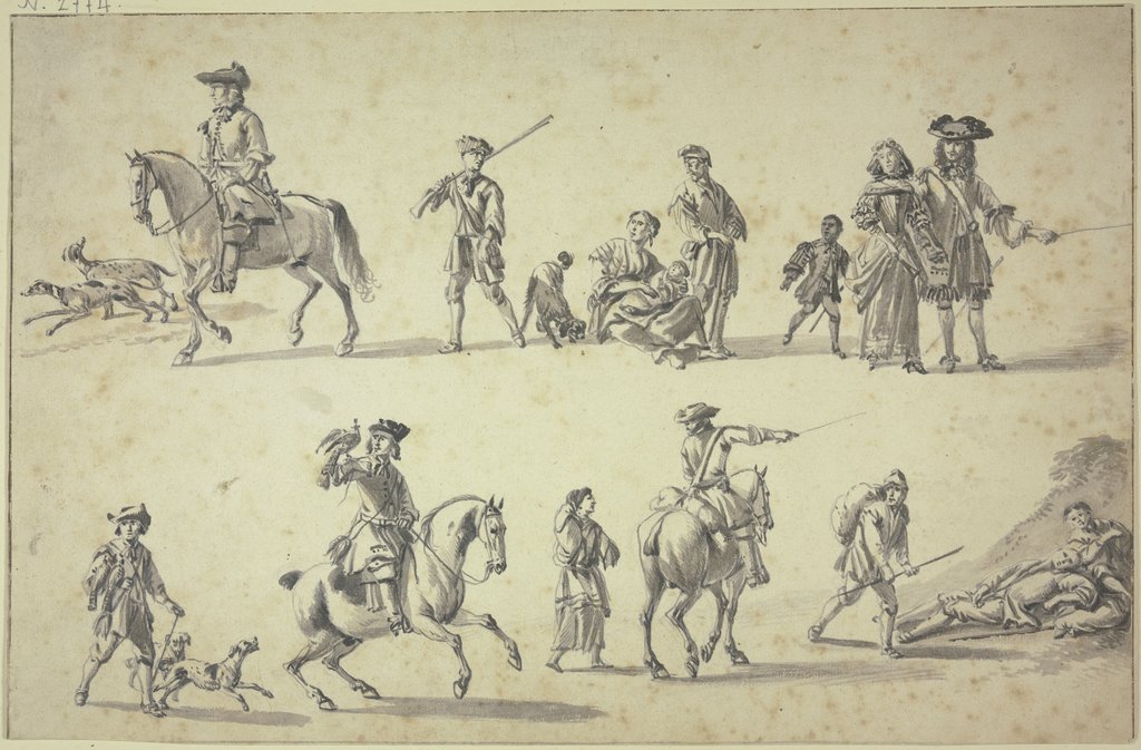 Studienblatt: Figuren zu Pferde und zu Fuße, unten links ein berittener Falkner, Hendrik Verschuring