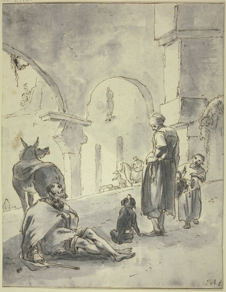 In einer Halle sitzt ein Bettler bei einem Esel, vor ihm eine Frau, ein Kind und ein Hund, Hendrik Verschuring