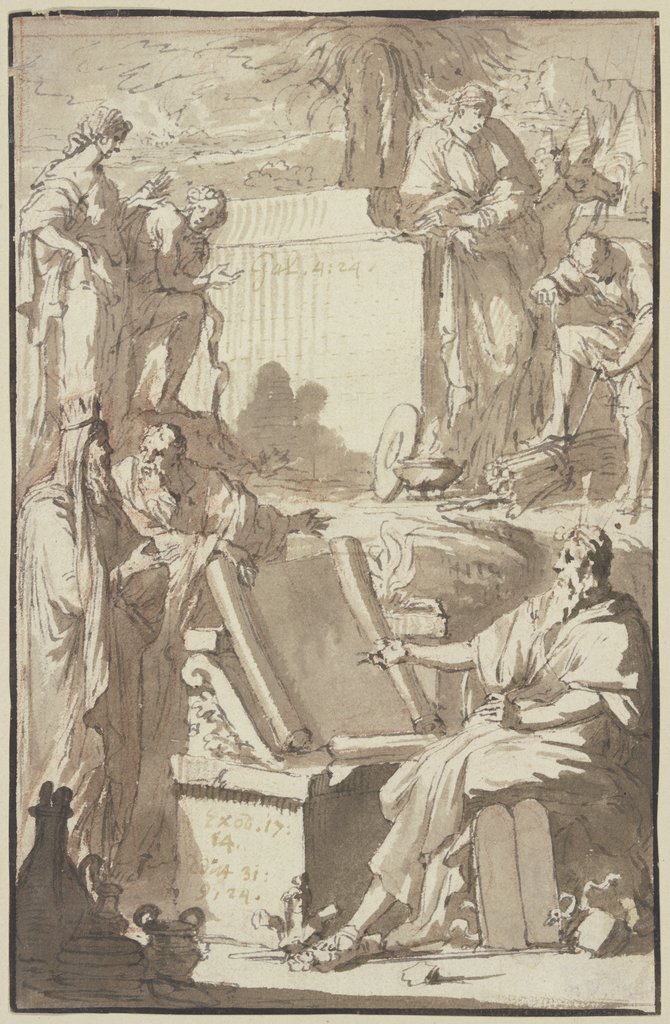 Titelblatt, oben das Motiv der arkadischen Hirten Poussins, unten rechts Mose, Pieter Tanjé