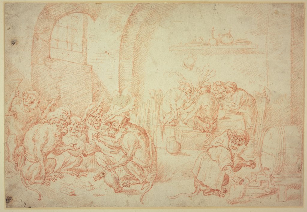 Spielende und trinkende Affengesellschaft, Unknown, 17th century, after David Teniers the Younger