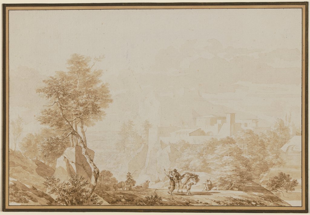 Italienische Landschaft mit einem Eseltreiber und einer Frau mit Spinnrocken, R. F. Taunay