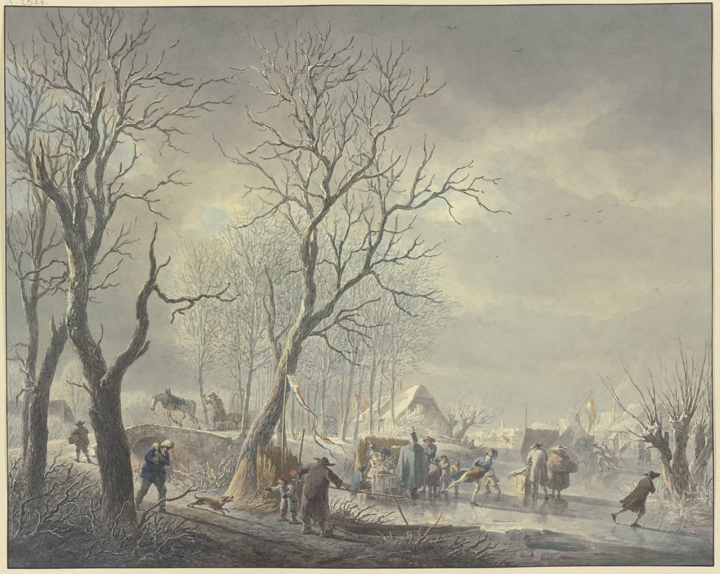 Winterlandschaft, Schlittschuhläufer bei Zelten auf dem Kanal, ein Husar umarmt ein Getränke haltendes Mädchen, Abraham Teerlink