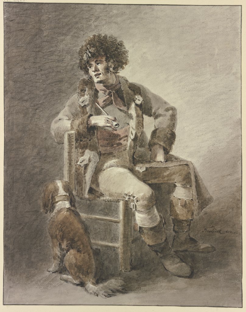 Auf einem Stuhl sitzt ein Mann die Pfeife in der Hand, dabei ein Hund, Abraham Teerlink
