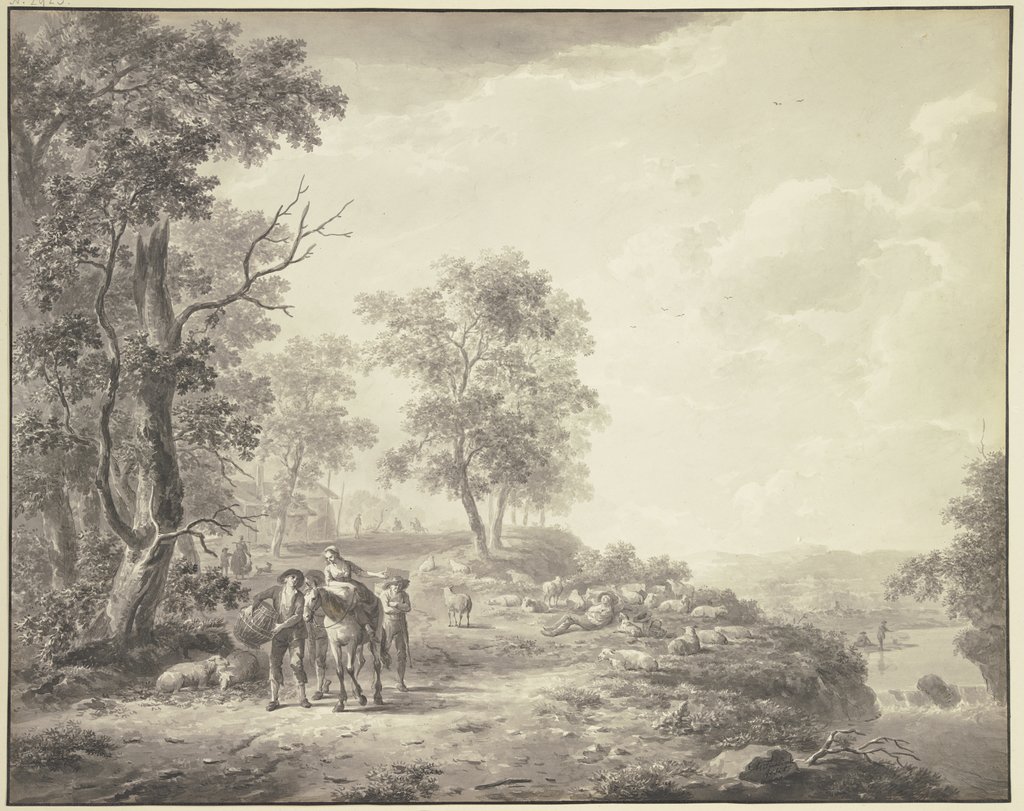 An einem Abhang ein schlafender Schäfer mit seiner Herde, weiter links eine Bäuerin zu Pferde umgeben von drei mit ihr zu Markte ziehenden Bauern, Abraham Teerlink