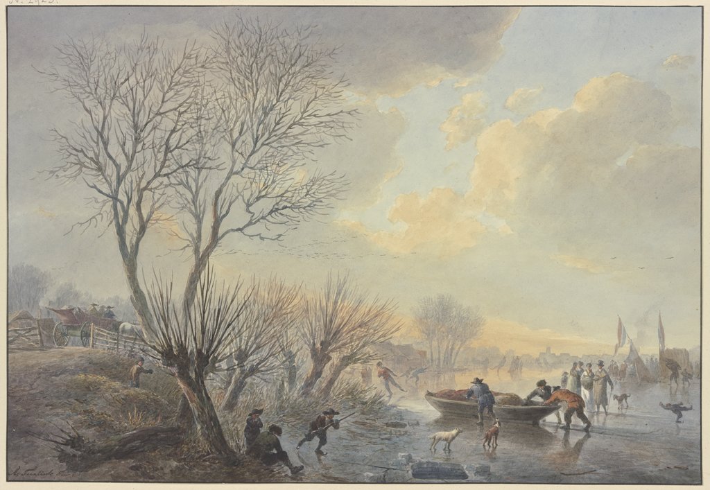 Winterlandschaft, auf dem Eis schieben drei Männer ein Boot dem Land zu, dabei zwei Hunde stehend, Abraham Teerlink