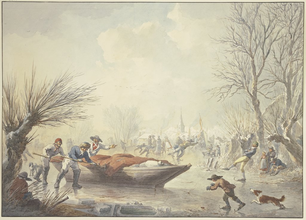 Winterlandschaft, auf dem Eis schieben drei Männer ein Boot dem Land zu, rechts ein Schlittschuhläufer, den ein Hund verfolgt, Abraham Teerlink