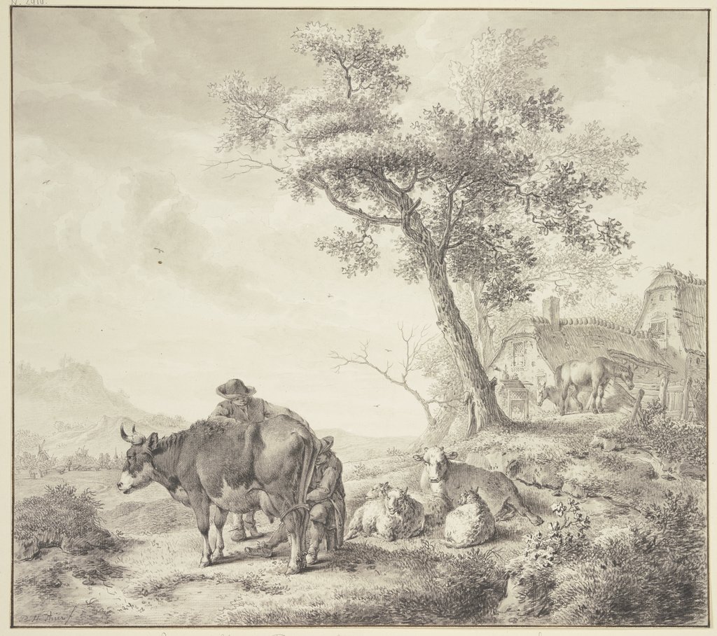 Ein Mann melkt eine Kuh, dabei einige Schafe, rechts zwei Pferde bei Häusern, Bernhard Heinrich Thier