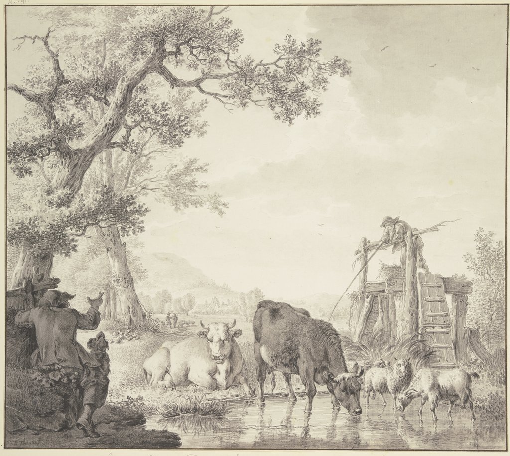 Bei einem Wasser zwei Kühe, zwei Pferde und eine Ziege, links der Hirte mit dem Hunde, Bernhard Heinrich Thier