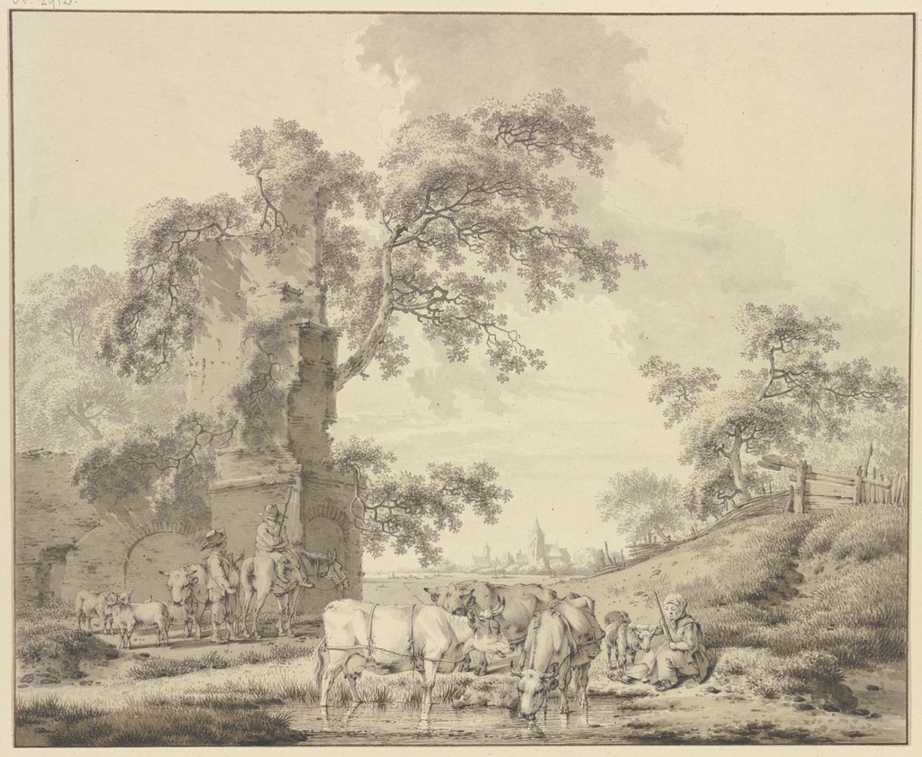 Bei Ruinen ein Hirte zu Pferde in Unterhaltung mit einem zu Fuße, vorne eine Hirtin mit einigem Vieh, Bernhard Heinrich Thier