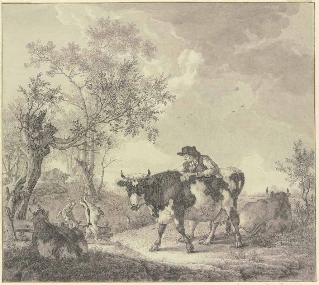 Ein Bauer bei seiner Kuh stehend verfolgt den Kampf zweier Ziegenböcke, Bernhard Heinrich Thier