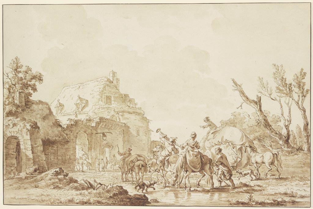Händler nähern sich mit einem beladenen Wagen einem Stadttor, dabei ein Trompeter, French, 18th century