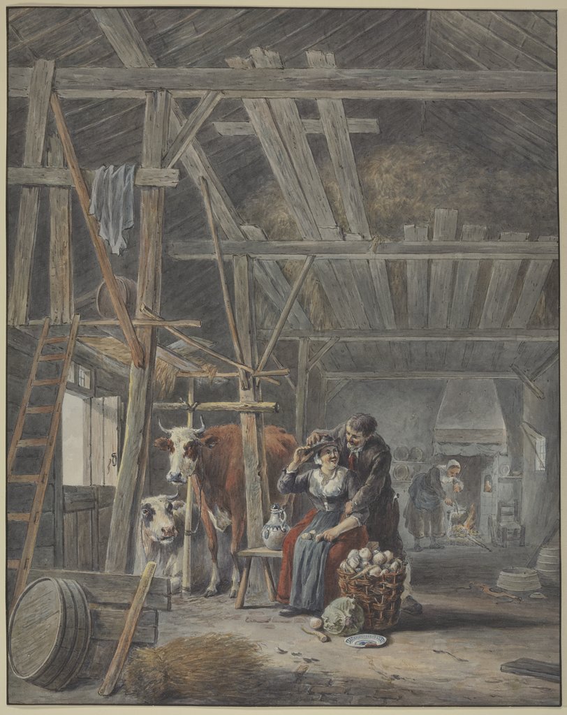 Bauer und Bäuerin bei Kühen im Stall, Französisch, 18. Jahrhundert