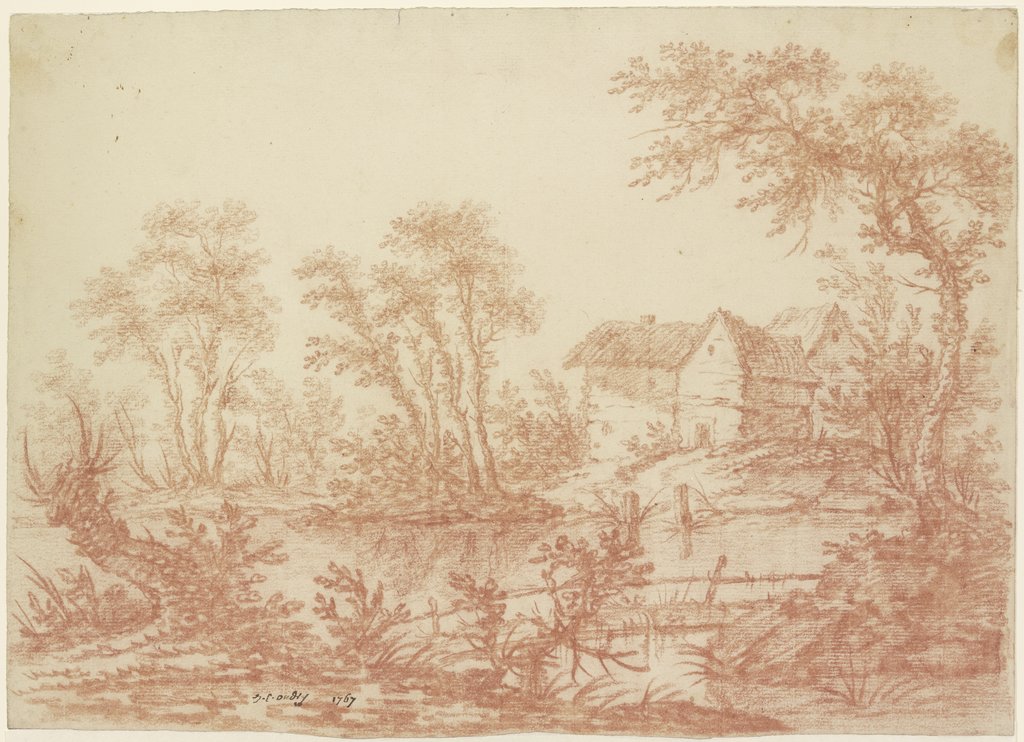 Flusslandschaft mit Gehöft und Bäumen, Französisch, 18. Jahrhundert