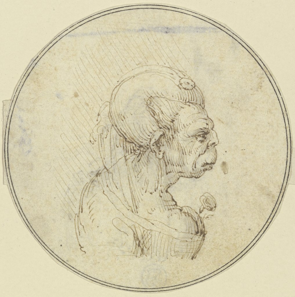 Karikatur einer alten Frau, Brustbild mit einer Rose im Busen, im Profil nach rechts, Leonardo da Vinci;  imitator
