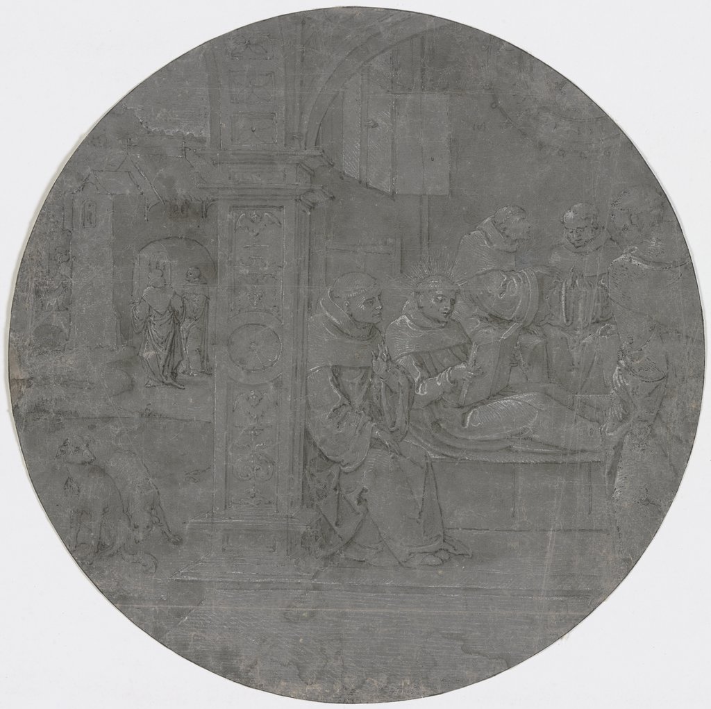 In einer Halle liest ein liegender Mönch mit Heiligenschein anderen aus einem Buch vor, Niederländisch, 15. Jahrhundert