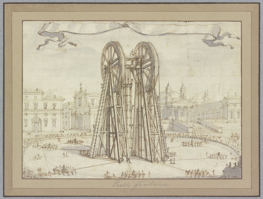Aufrichtung einer monumentalen Säule mit Hilfe eines Gerüstes, Domenico Fontana;   ?