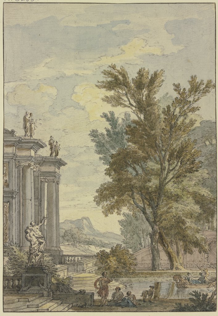Parkansicht, links ein Gebäude mit Säulen und Statuen, davor ein Bassin, auf welchem eine Gondel fährt, Isaac de Moucheron