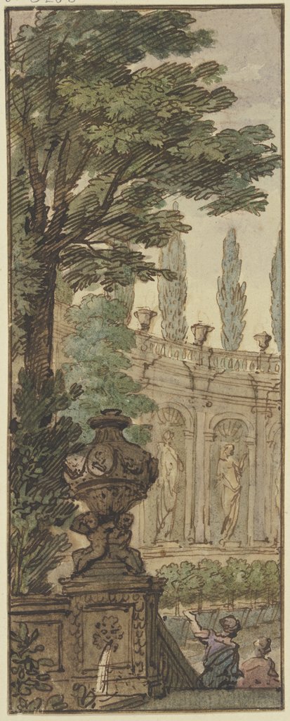 Panneau, im Vordergrund eine Vase, im Hintergrund ein Orangeriegebäude, Isaac de Moucheron